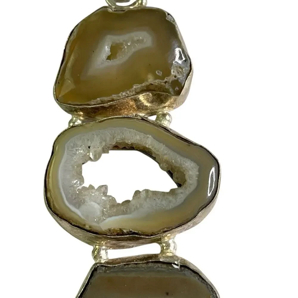 Natural Geode Agate Trio Pendant Sterling Silver 925 Earth Tone Green Gray Brown